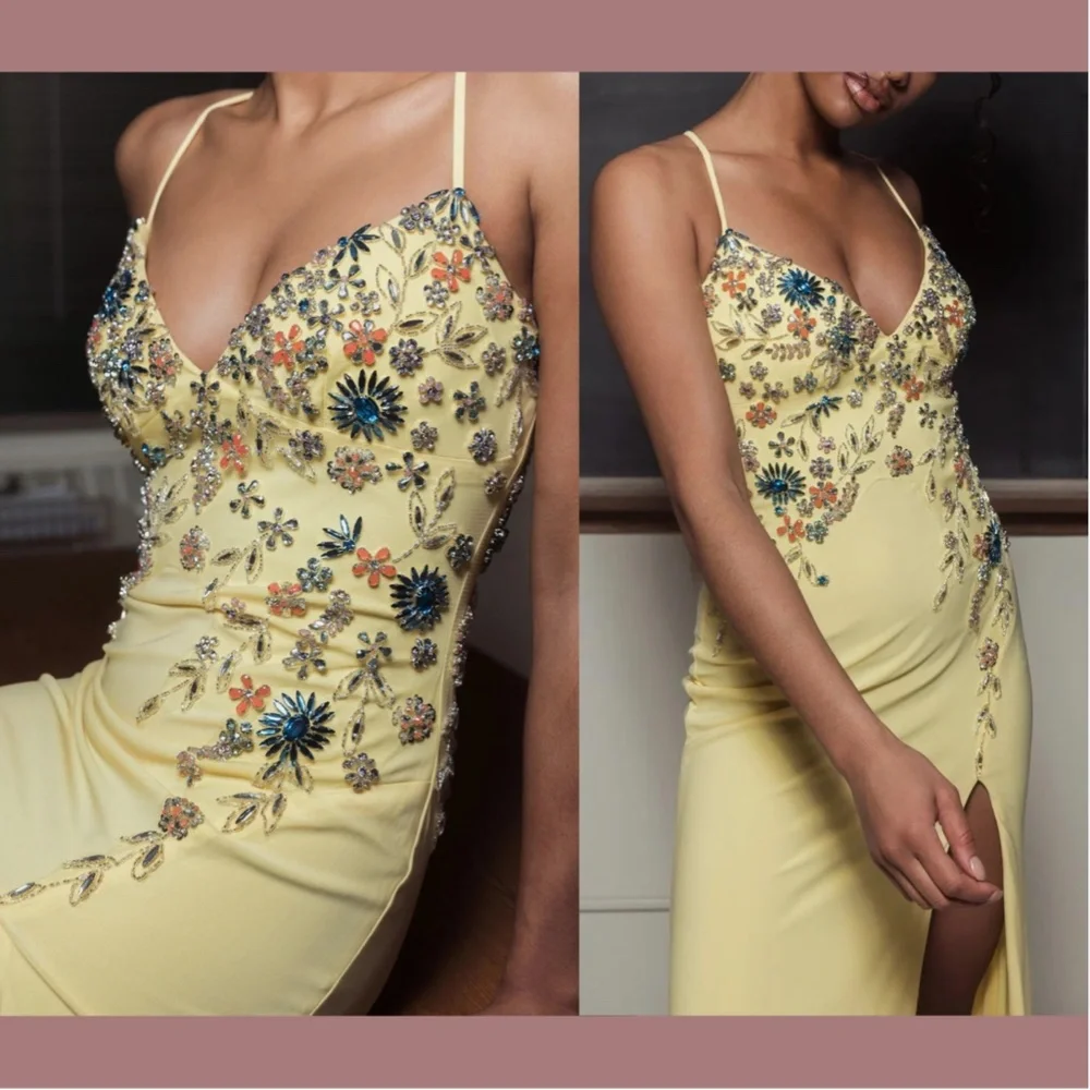 NWT Mac Duggal [ 4 ] Multi Color Beaded Floral Cami‎ Slit Gown Yellow - Picture 2 of 15